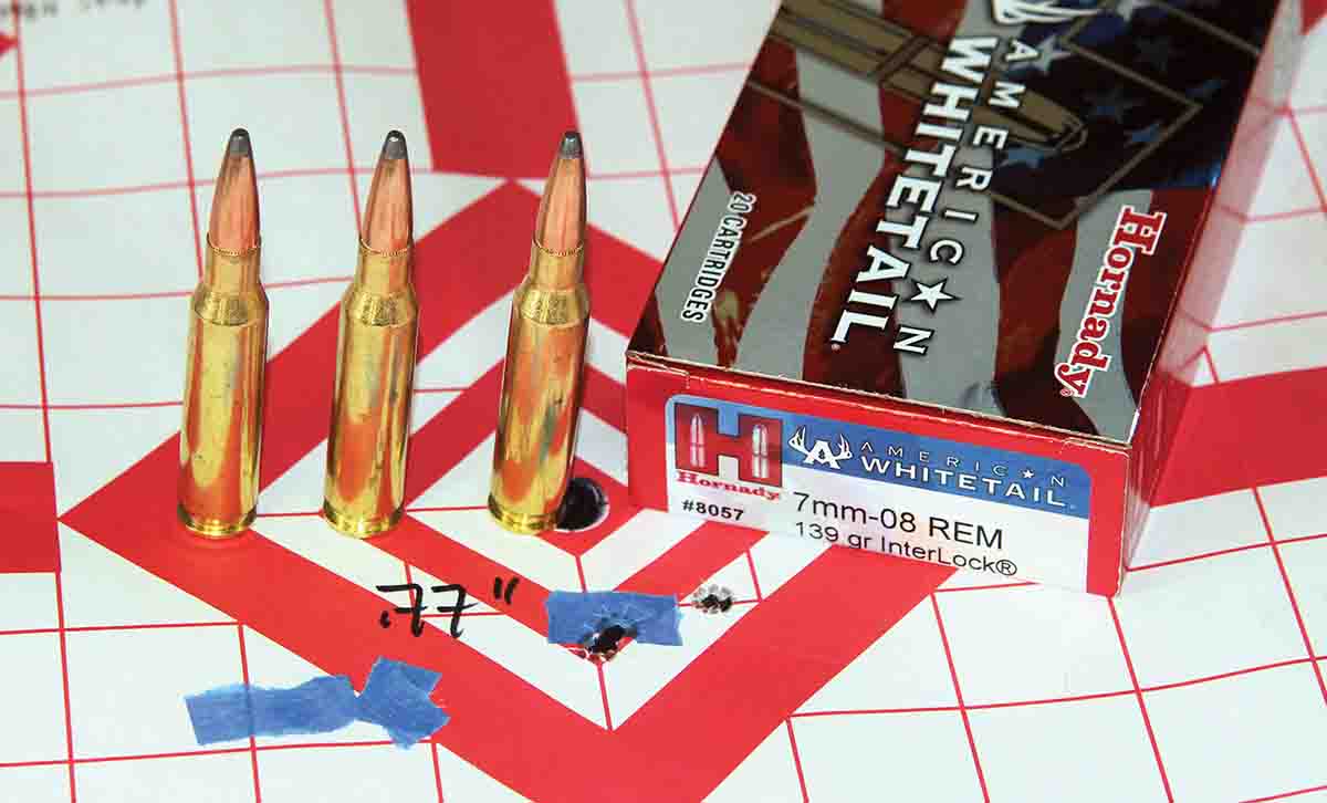 Hornady American Whitetail factory ammunition with 139-grain InterLock bullets grouped better than most of Patrick’s handloads.